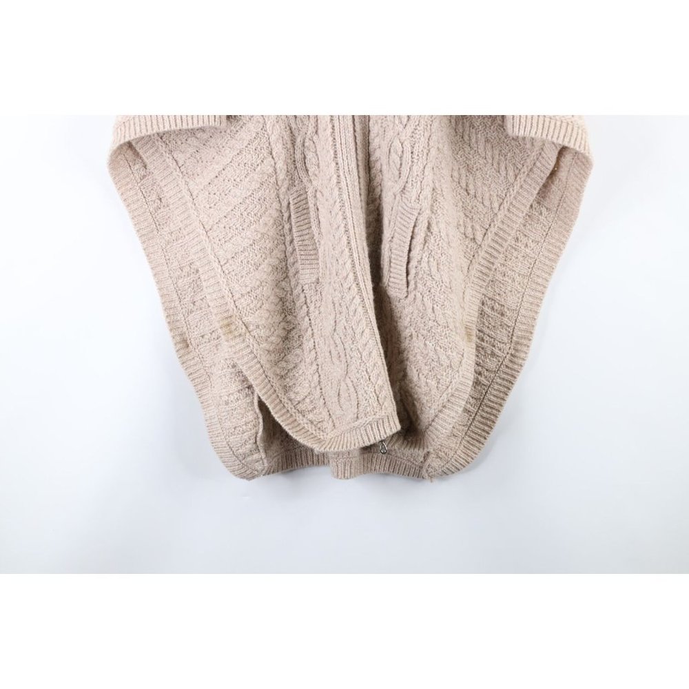 Vintage 90s Womens Small Chunky Donegal Wool Knit Fisherman Poncho Sweater Beige - Picture 3 of 9